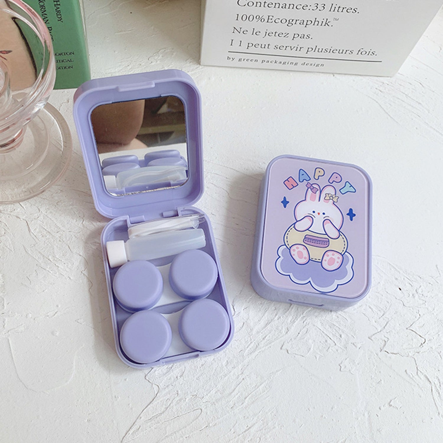 Cartoon Purple Checkered Rabbit Contact Lens Companion Case 2 Pairs