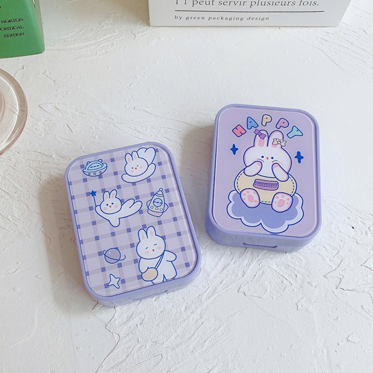 Cartoon Purple Checkered Rabbit Contact Lens Case