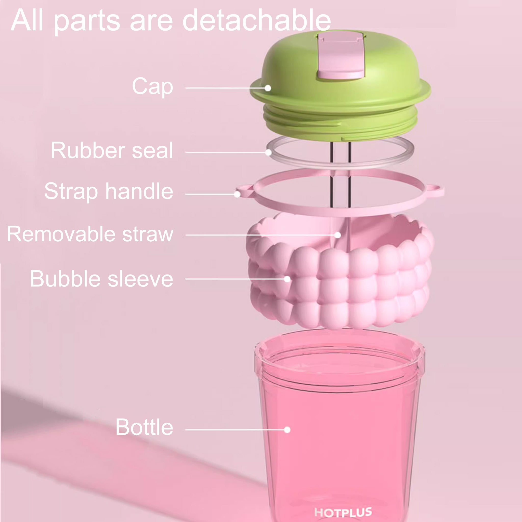 Hotplus Bubble Water bottle with Straw (with Strap) (Pink Green) 400ml