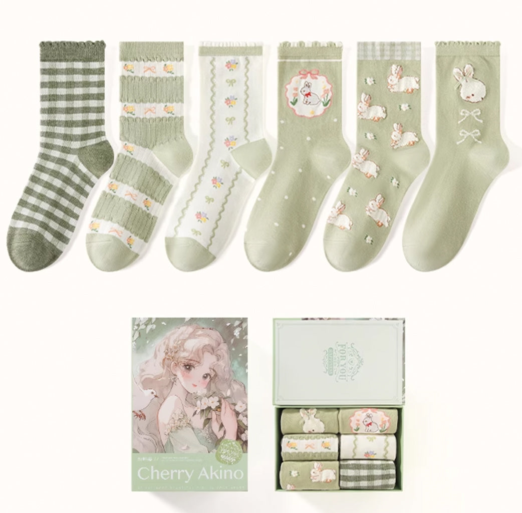 Caramella Cherry Akino Series Socks Box Green Color 6 pairs