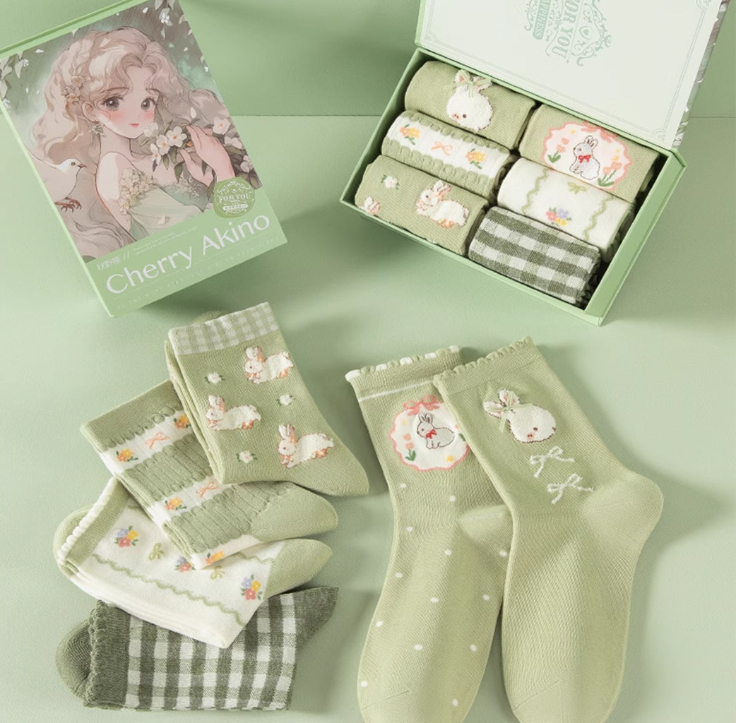 Caramella Cherry Akino Series Socks Box Green Color 6 pairs