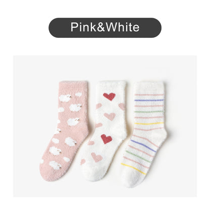 Caramella Velvet Mid-Calf Socks Pink&amp;White coral fleece 3pairs