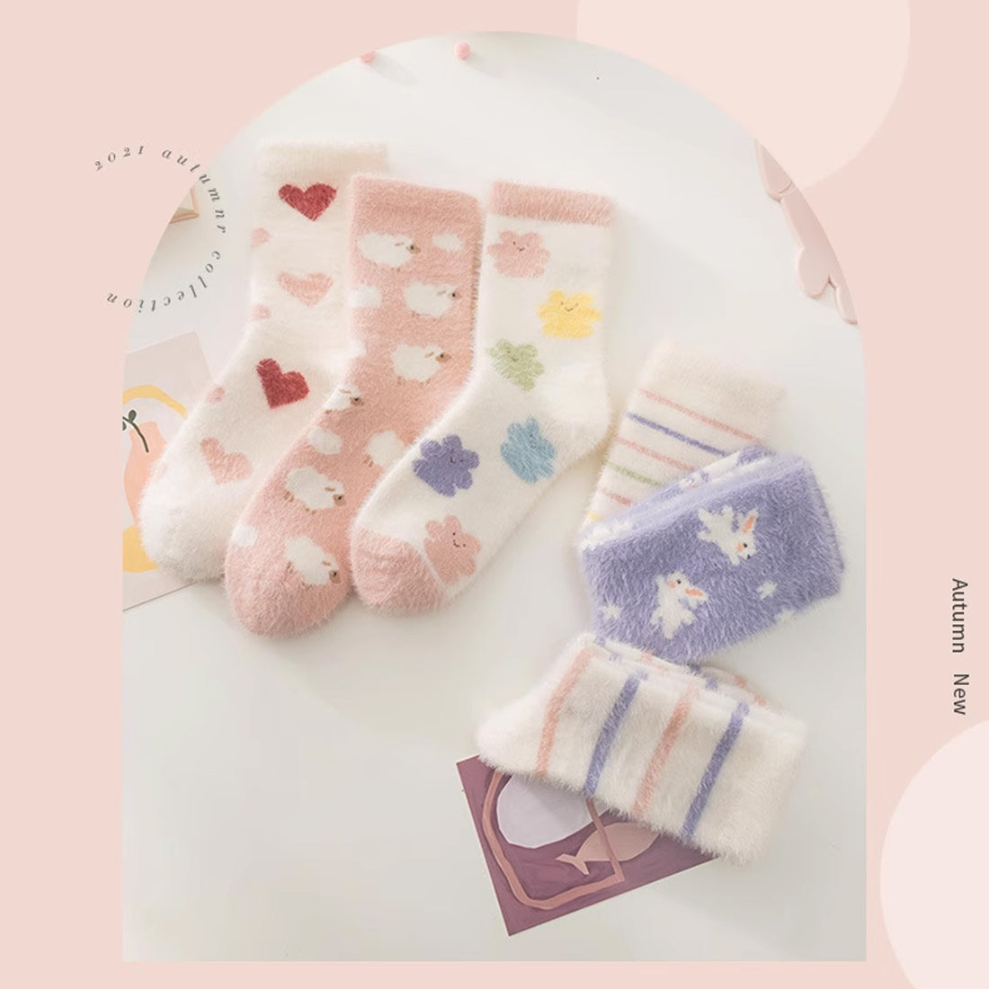 Caramella Velvet Mid-Calf Socks Pink&amp;White coral fleece 3pairs