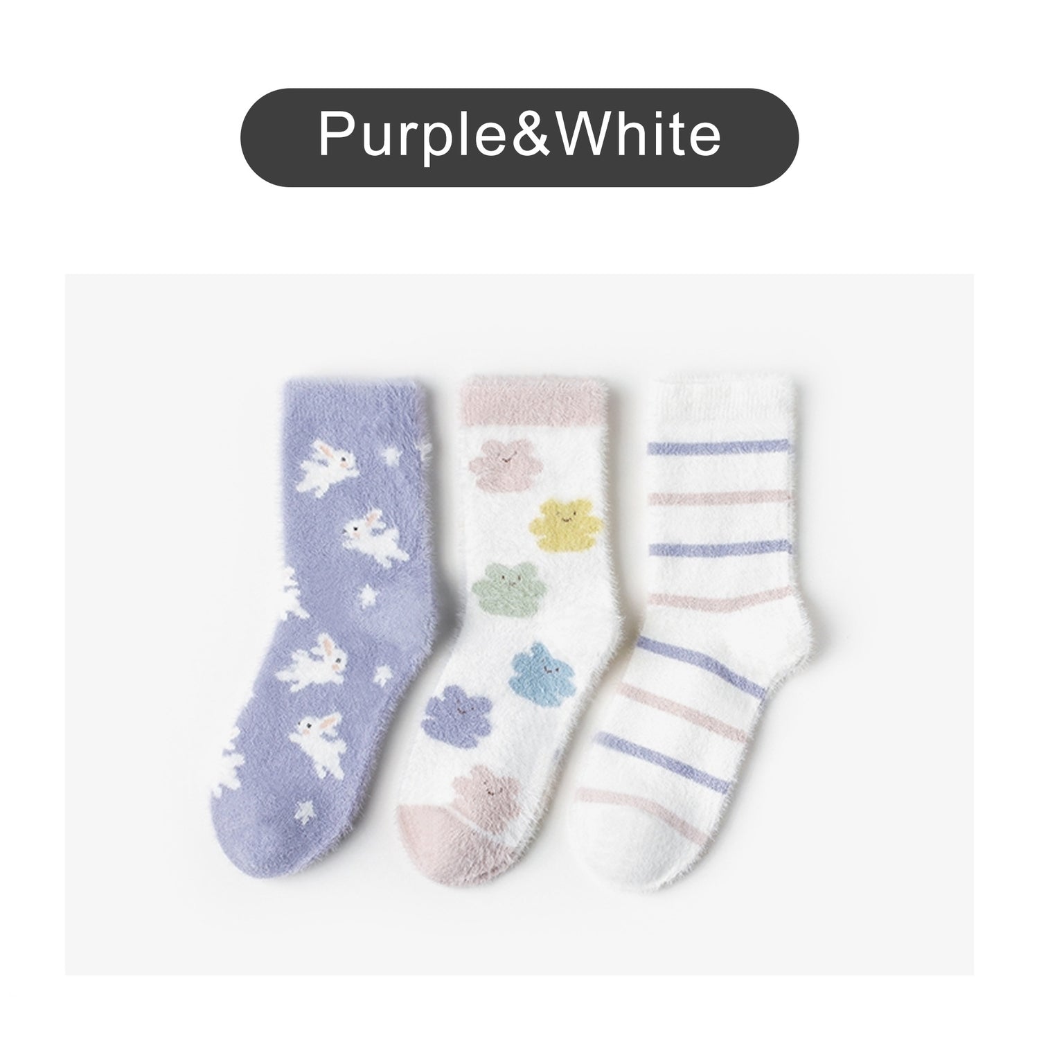 Caramella Mid-Calf Socks Purple&amp;White coral fleece 3pairs