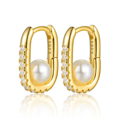 Geometric Oval Zircon Pearl Earrings