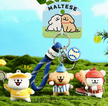 It is a lively and adorable accessory featuring a Maltese dog in a sporty pose, celebrating its love for games and activities. 