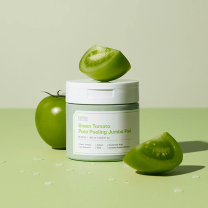  Each jumbo pad is infused with green tomato extract to gently remove dead skin cells, unclog pores, and improve skin texture. 