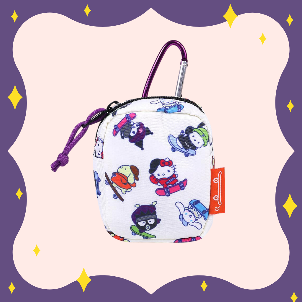 Introducing the Sanrio Pouch with Carabiner - Skateboard Edition, a stylish and functional accessory for Sanrio fans! 