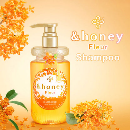 Moisturizing shampoo with honey extracts, jojoba oil, royal jelly, and argan oil, featuring a Kinmokusei and Mimosa fragrance.